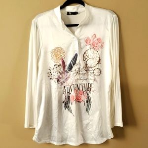 M made In Italy White Long Sleeve Embellished Floral Blouse Size S